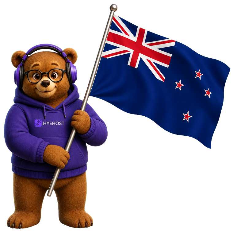 HYEHOST mascot holding an accurate New Zealand flag