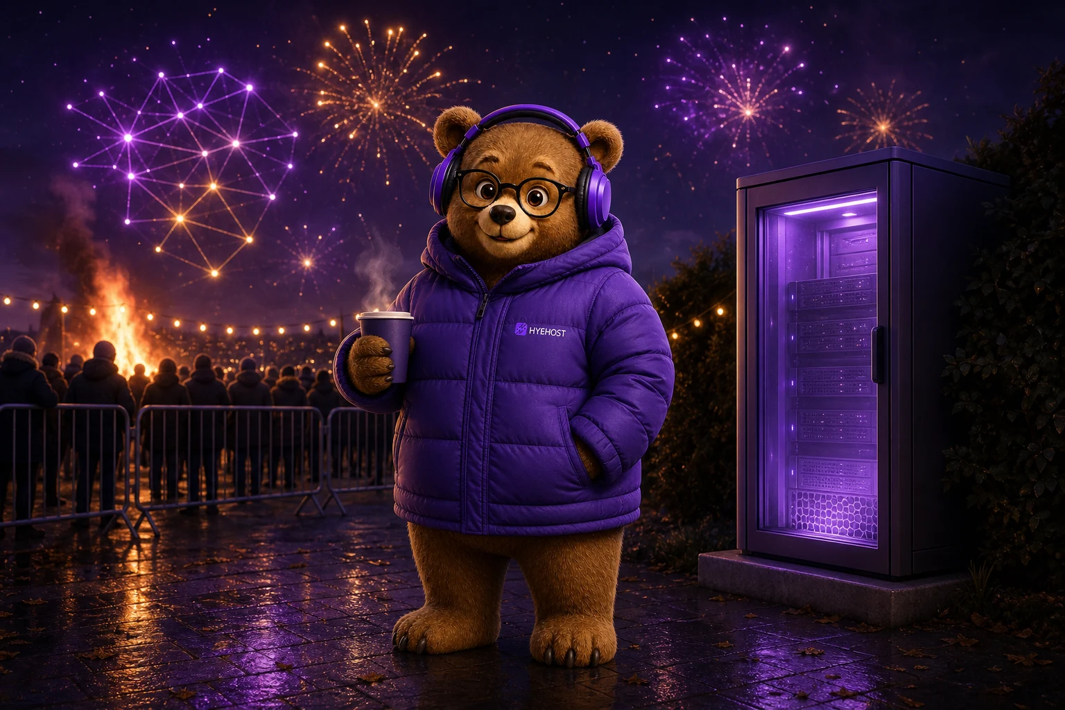HYEHOST mascot watching a safe Bonfire Night display beside an edge server